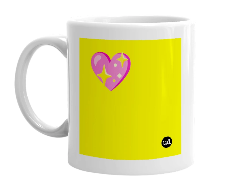 White mug with '💖' in bold black letters