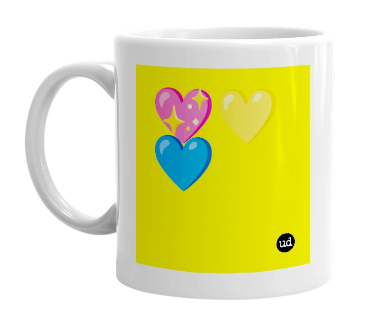 White mug with '💖💛💙' in bold black letters