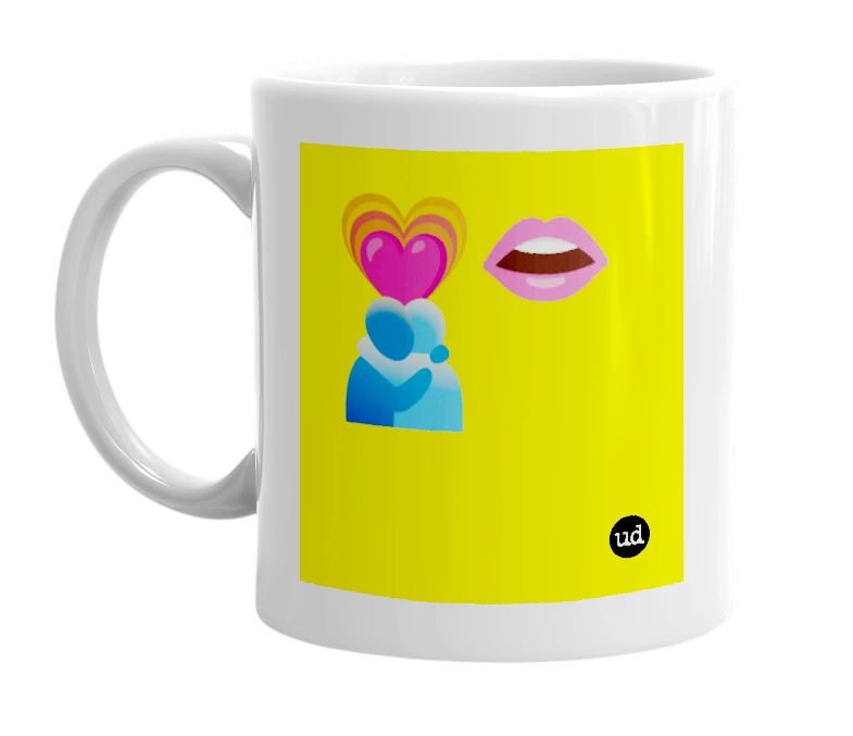 White mug with '💗👄🫂' in bold black letters