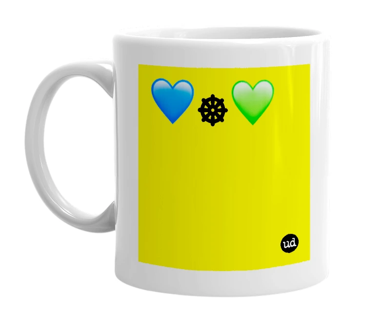 White mug with '💙☸️💚' in bold black letters