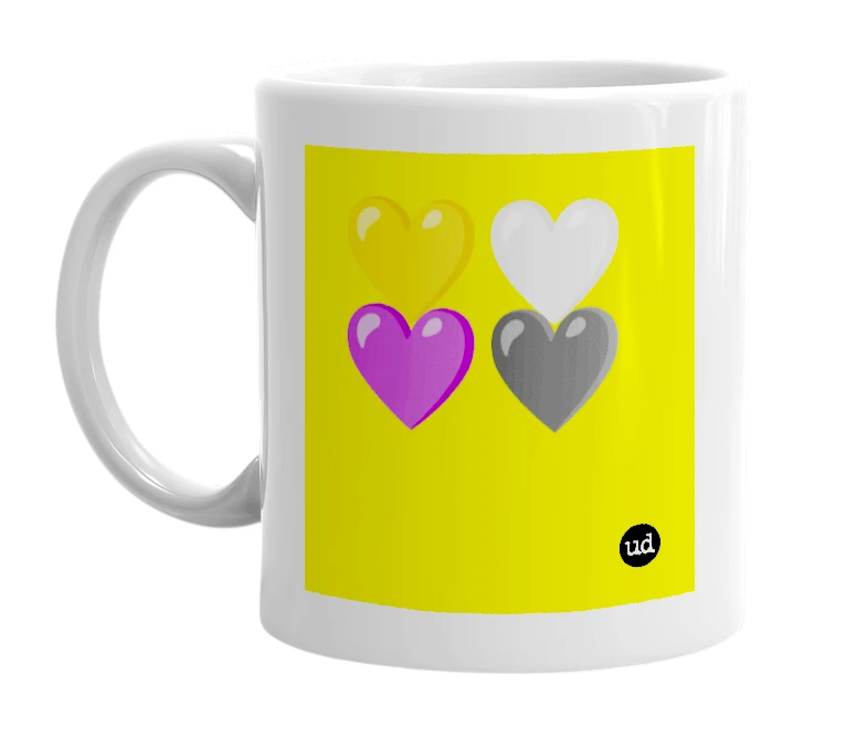 White mug with '💛🤍💜🖤' in bold black letters