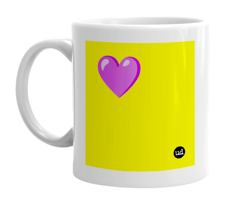 White mug with '💜' in bold black letters