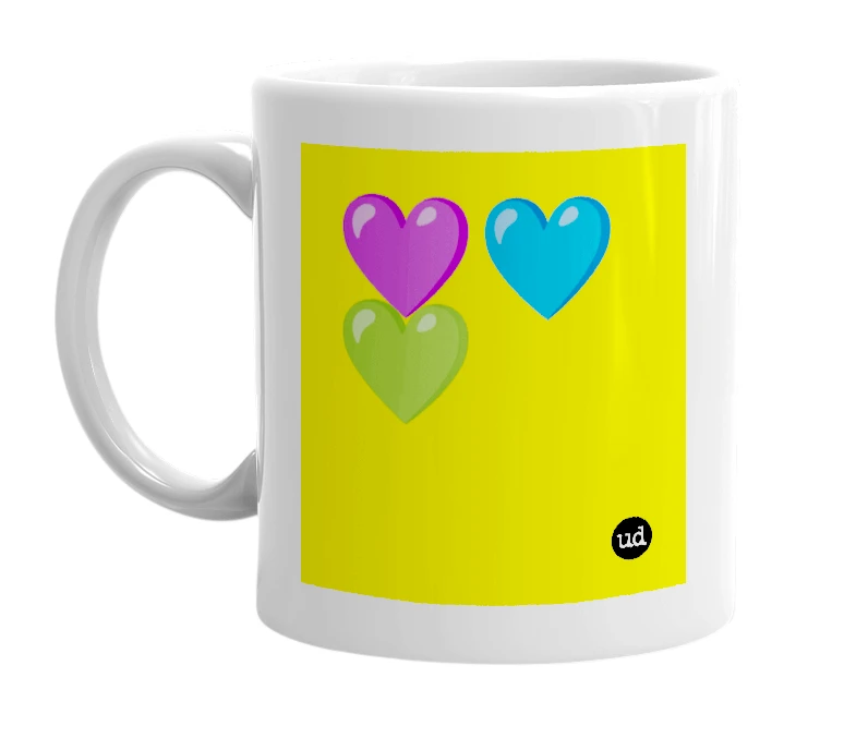White mug with '💜💙💚' in bold black letters