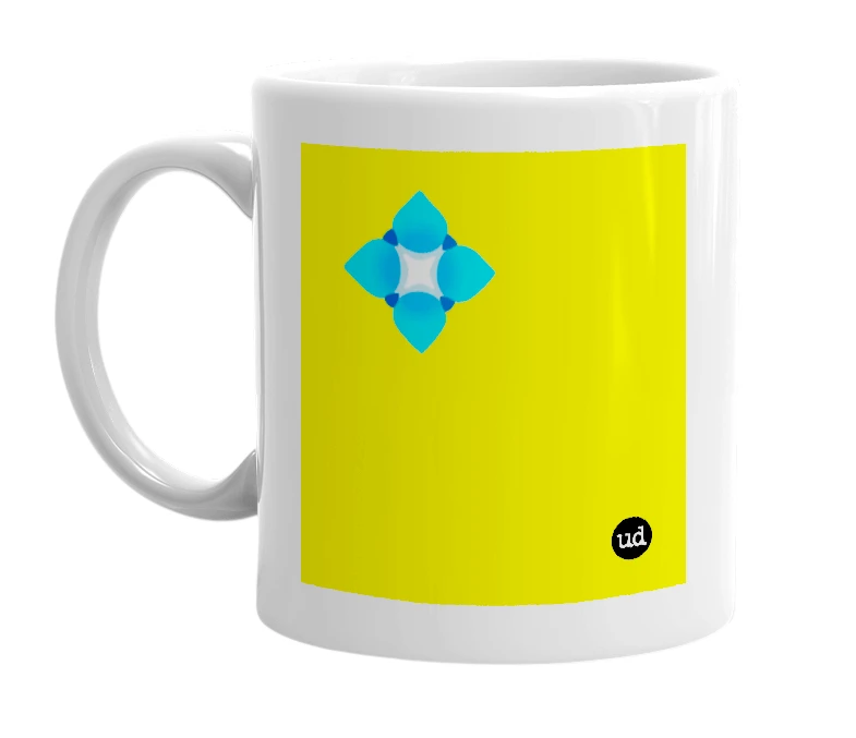 White mug with '💠' in bold black letters