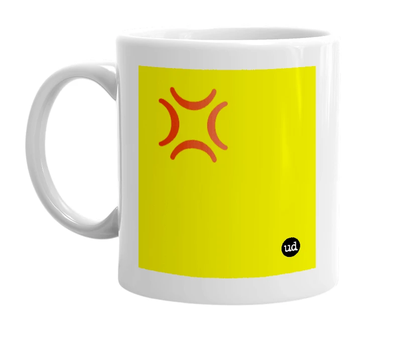 White mug with '💢' in bold black letters