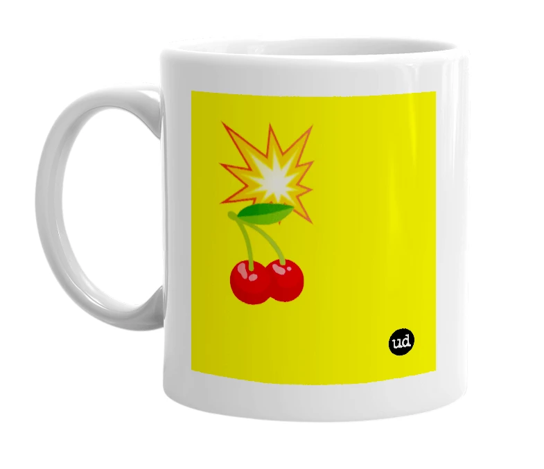 White mug with '💥🍒' in bold black letters