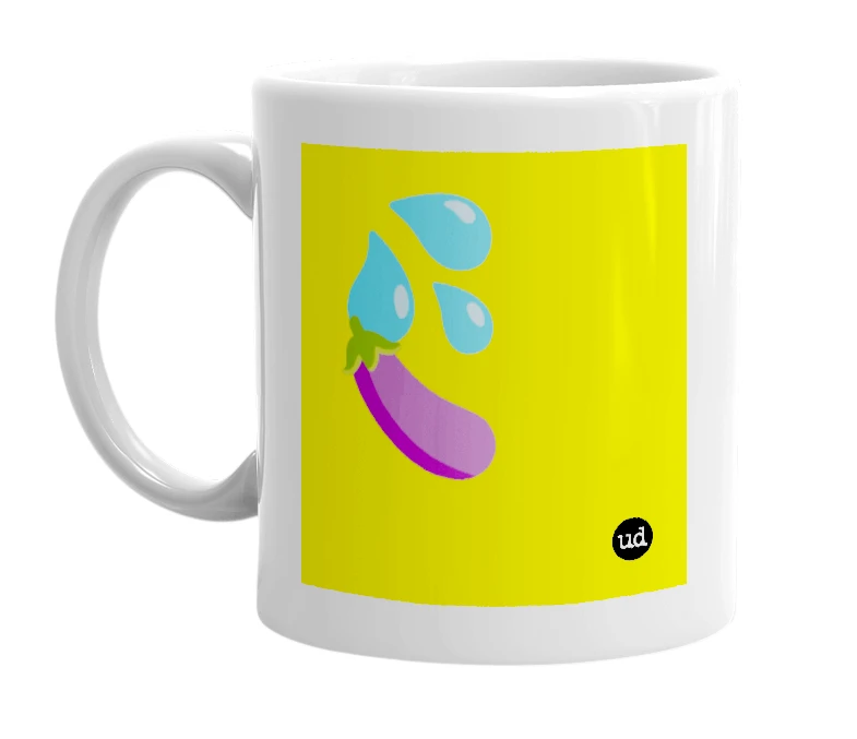 White mug with '💦🍆' in bold black letters