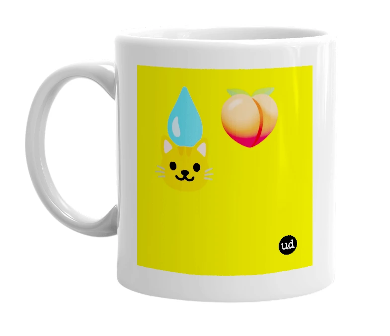 White mug with '💧🍑🐱' in bold black letters