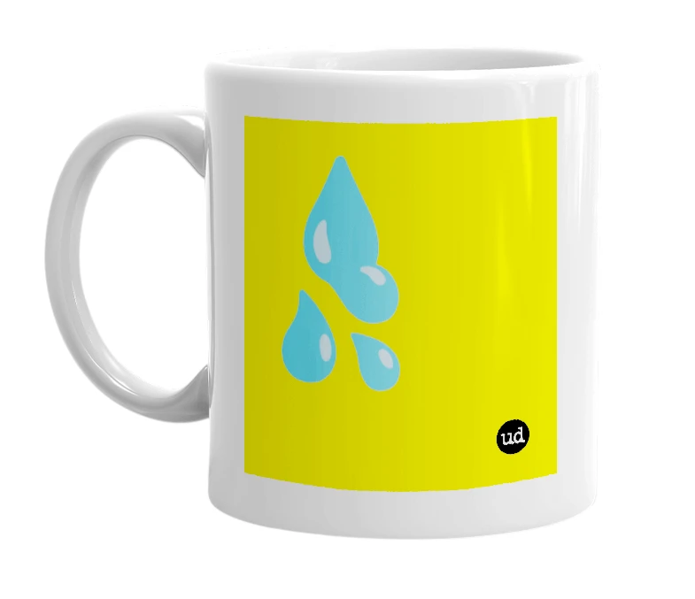 White mug with '💧💦' in bold black letters