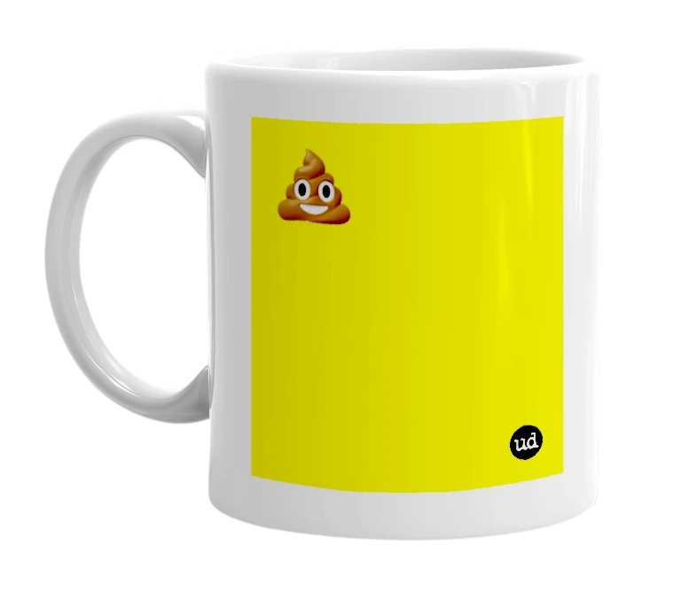 White mug with '💩' in bold black letters