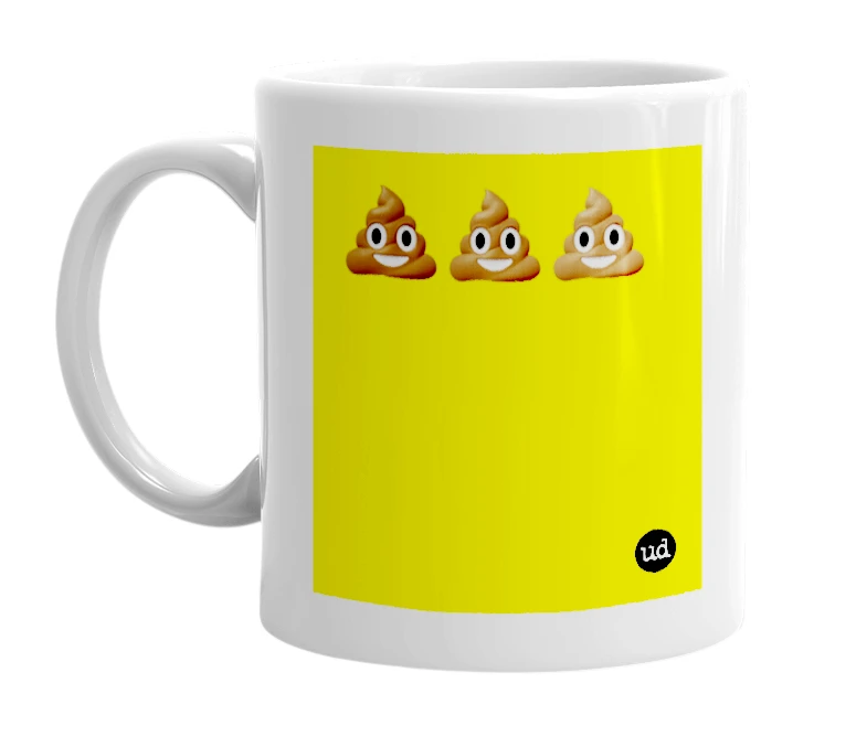 White mug with '💩💩💩' in bold black letters