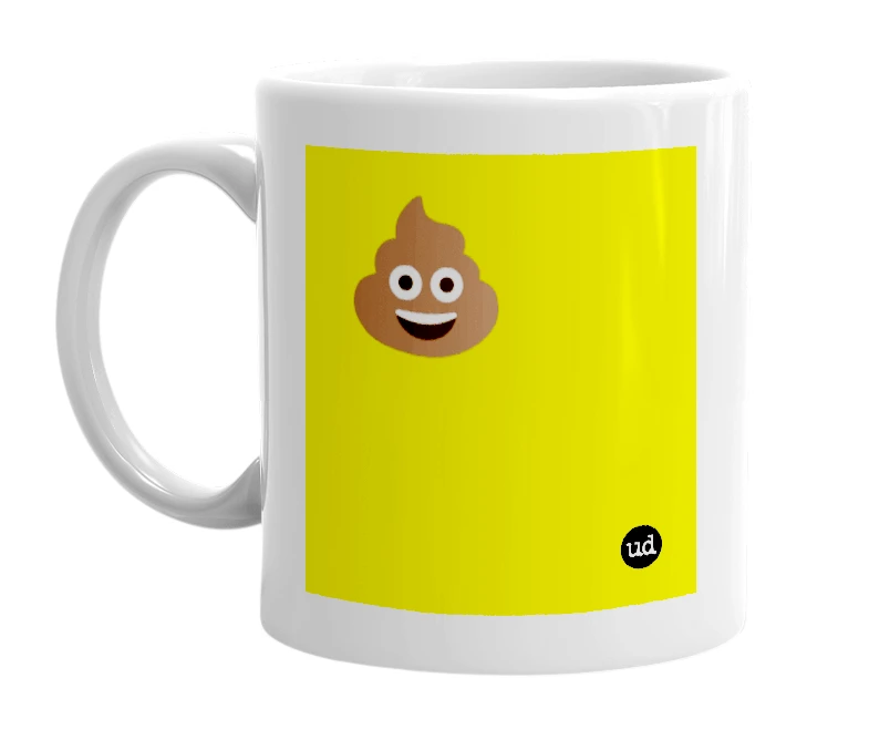 White mug with '💩' in bold black letters