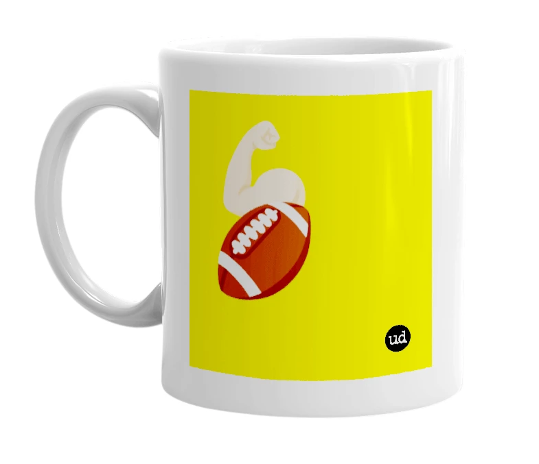 White mug with '💪🏻🏈' in bold black letters