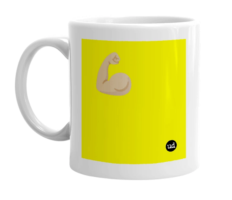 White mug with '💪🏽' in bold black letters