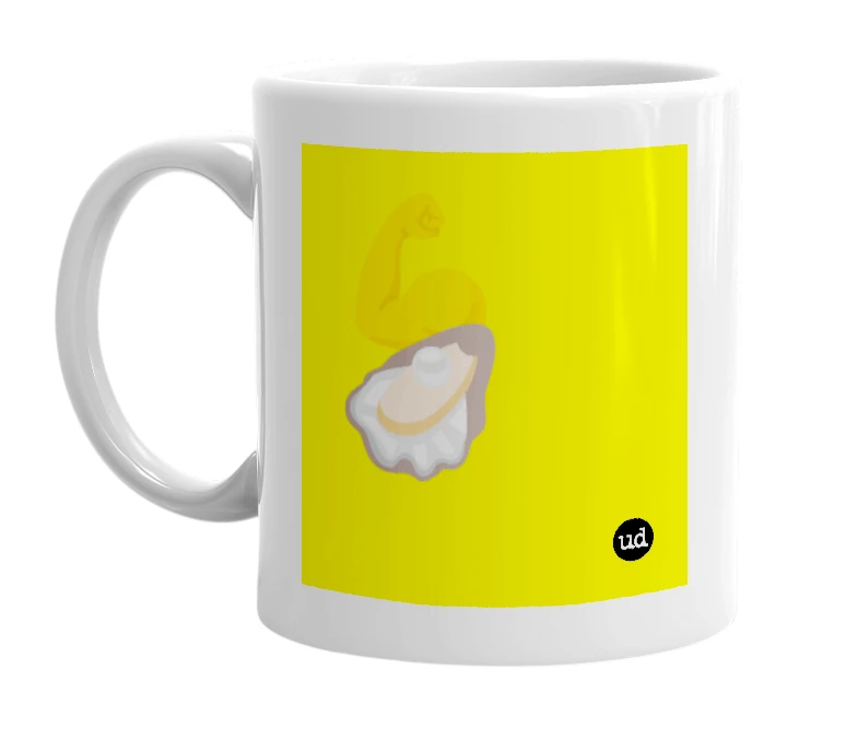 White mug with '💪🦪' in bold black letters