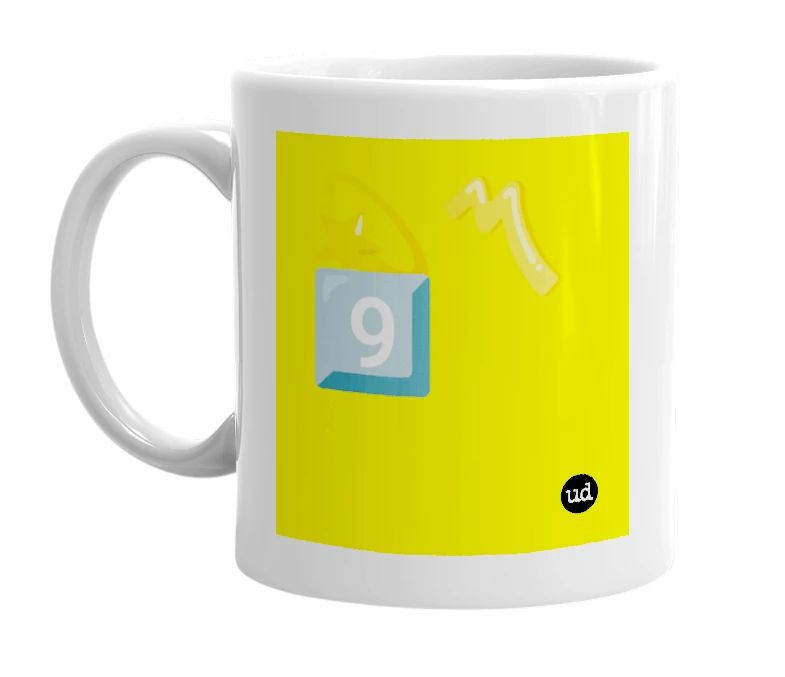 White mug with '💫〽️9️⃣' in bold black letters