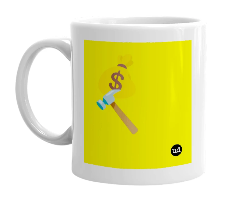 White mug with '💰🔨' in bold black letters