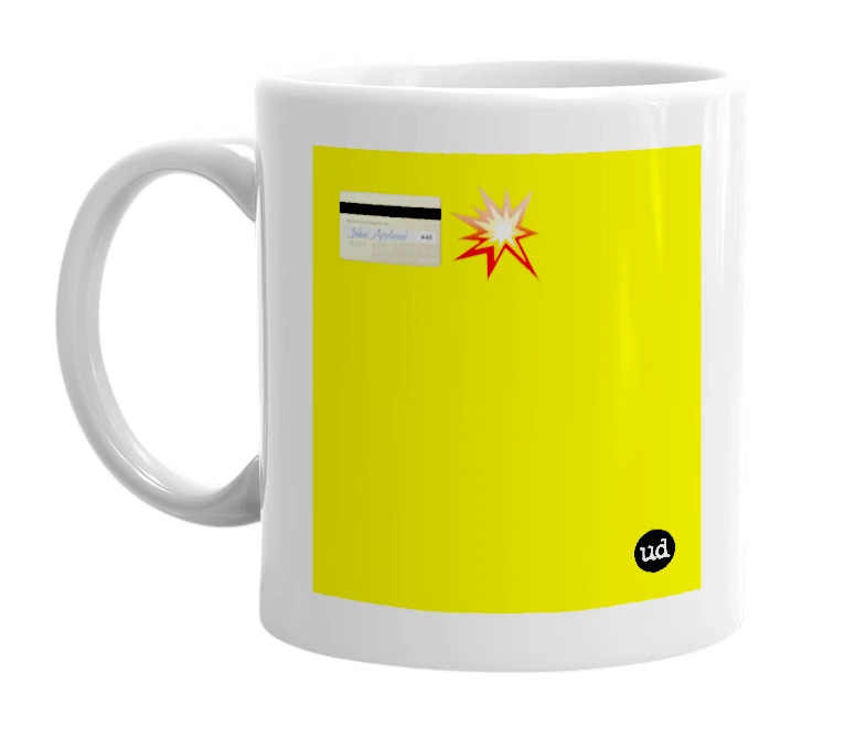 White mug with '💳💥' in bold black letters