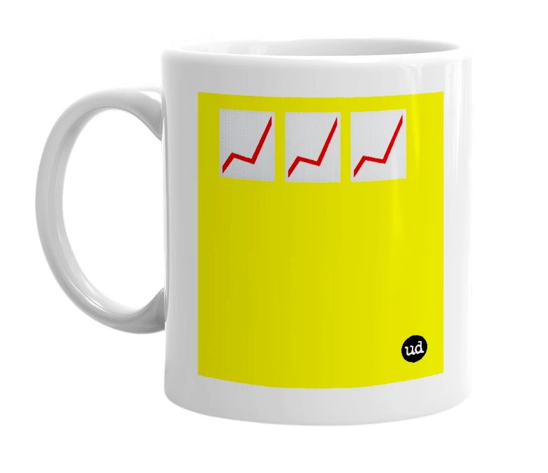 White mug with '📈📈📈' in bold black letters