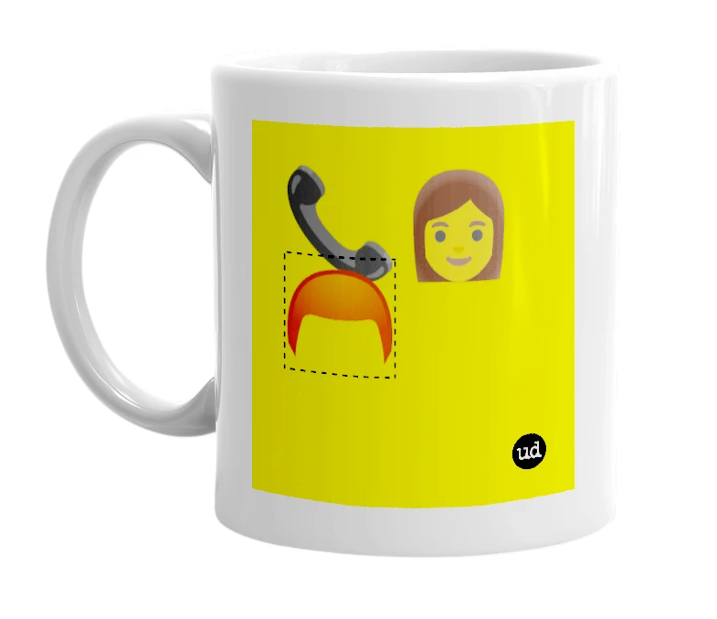 White mug with '📞👩 🦰' in bold black letters