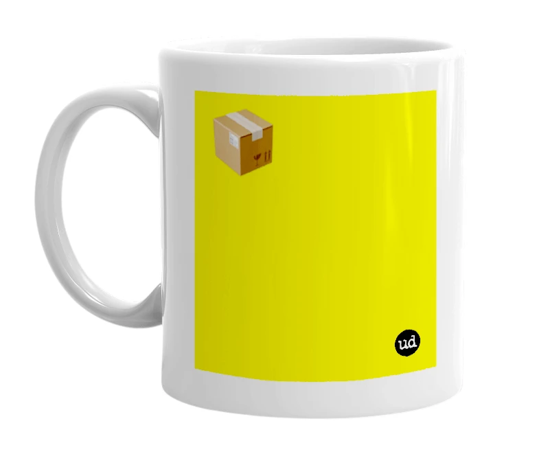 White mug with '📦' in bold black letters