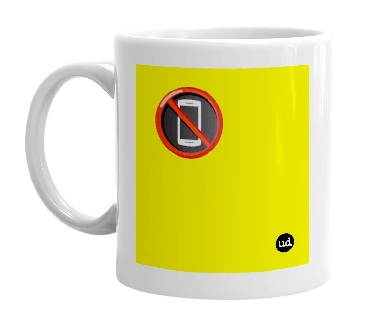 White mug with '📵' in bold black letters