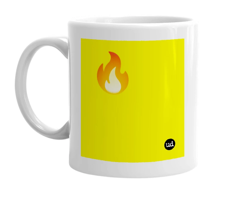 White mug with '🔥' in bold black letters