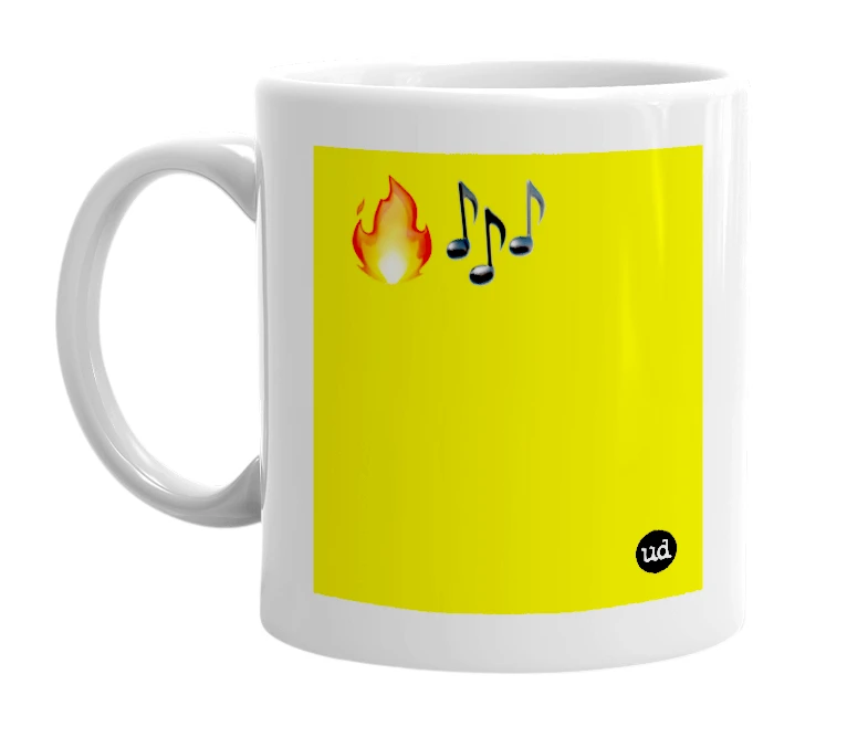 White mug with '🔥🎶' in bold black letters
