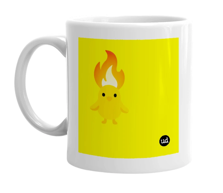 White mug with '🔥🐥' in bold black letters