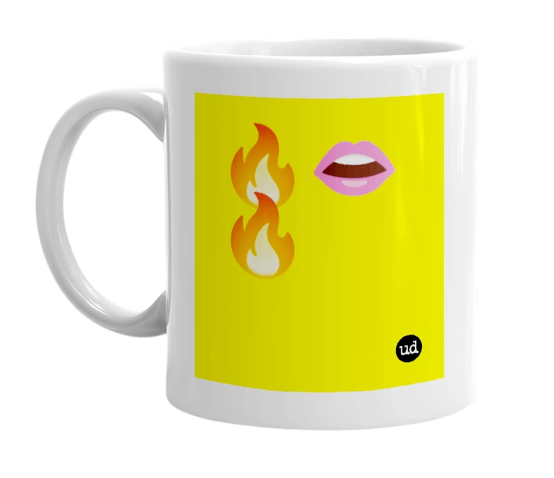 White mug with '🔥👄🔥' in bold black letters