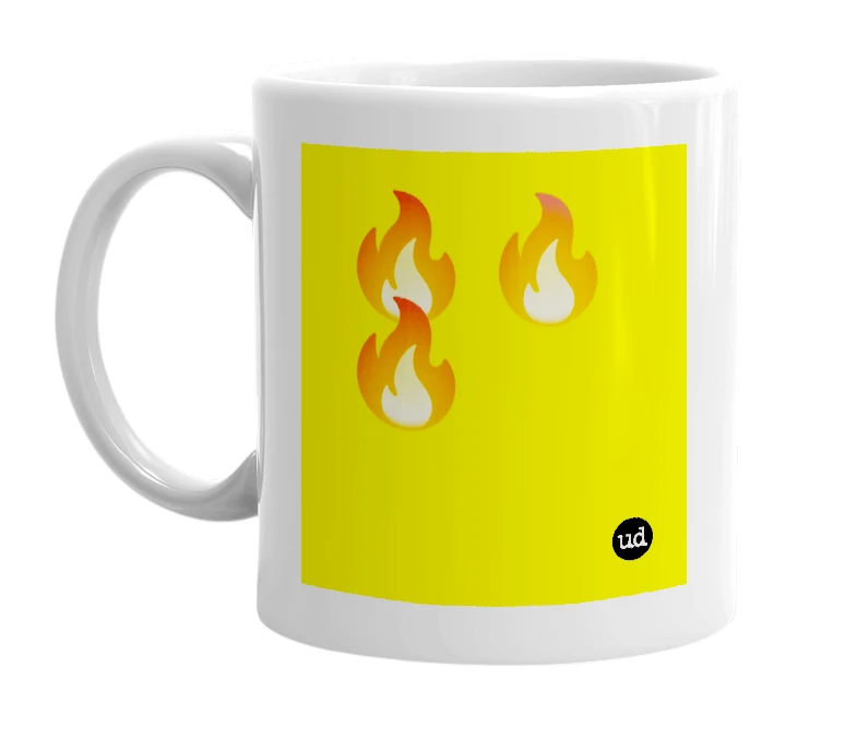 White mug with '🔥🔥🔥' in bold black letters