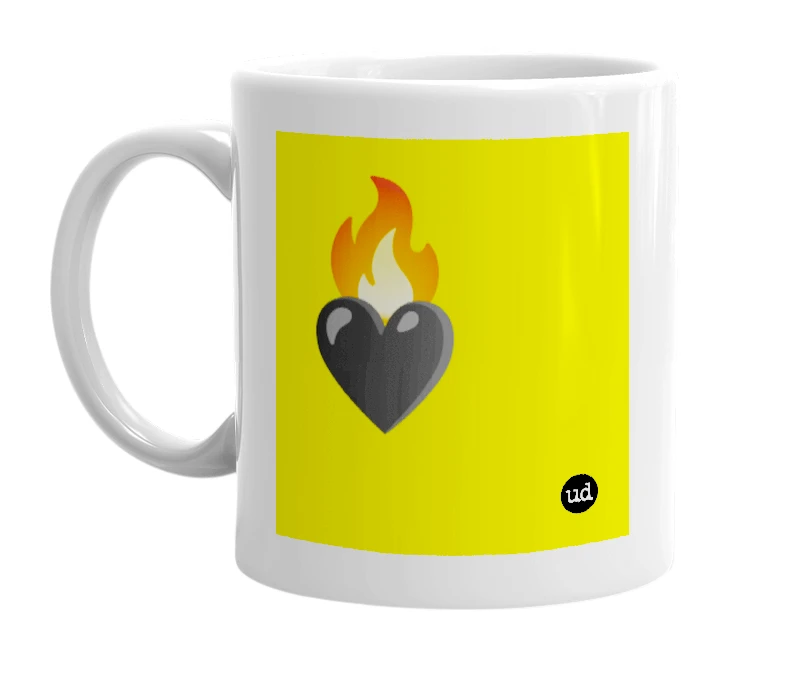 White mug with '🔥🖤' in bold black letters