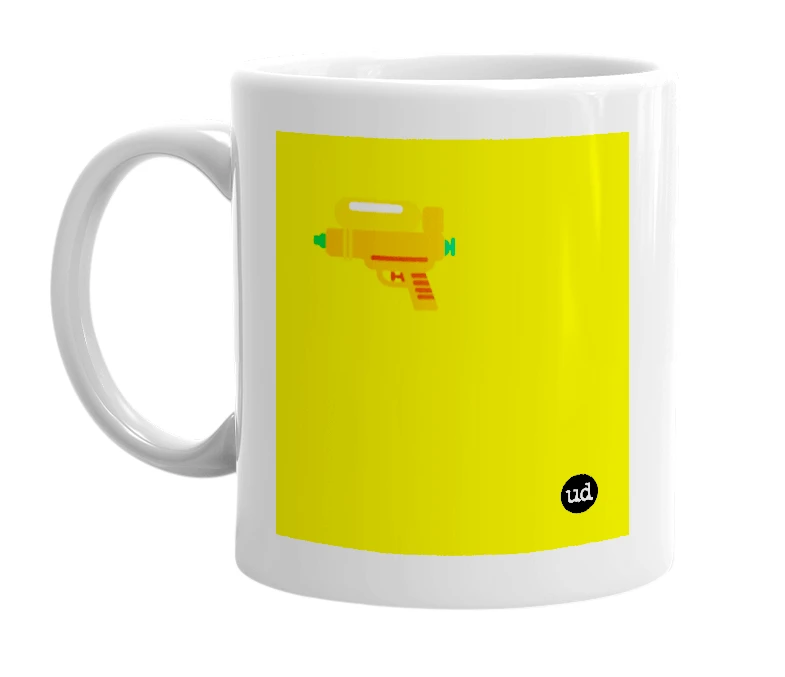 White mug with '🔫' in bold black letters