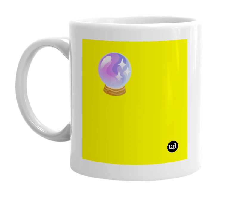 White mug with '🔮' in bold black letters