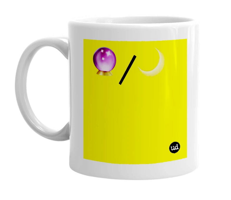 White mug with '🔮/🌙' in bold black letters