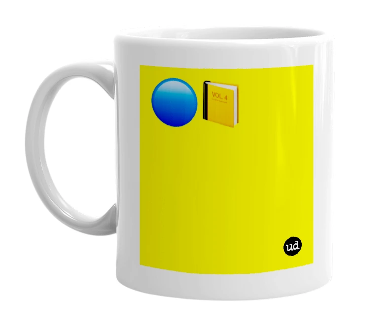 White mug with '🔵📙' in bold black letters