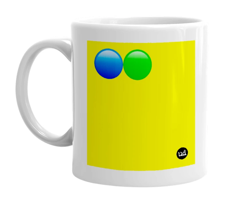 White mug with '🔵🟢' in bold black letters