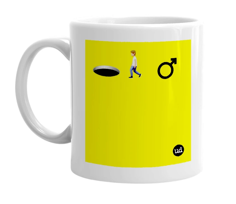 White mug with '🕳️🚶🏽 ♂️' in bold black letters