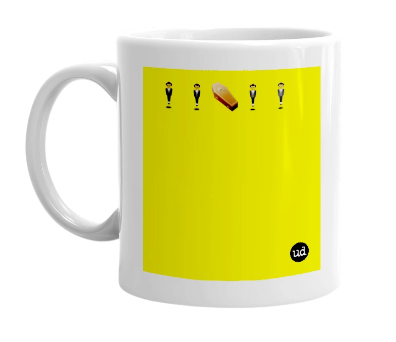White mug with '🕴️🕴️⚰️🕴️🕴️' in bold black letters