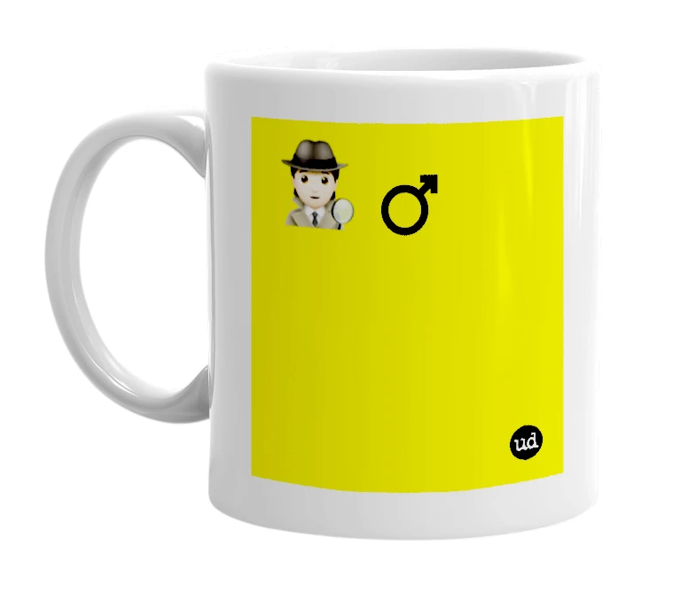 White mug with '🕵🏻 ♂️' in bold black letters