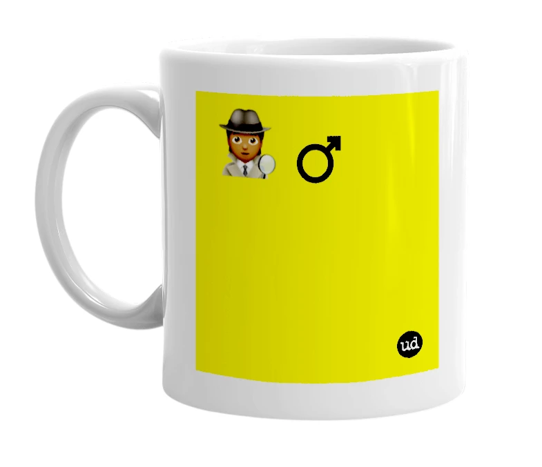 White mug with '🕵🏾 ♂️' in bold black letters
