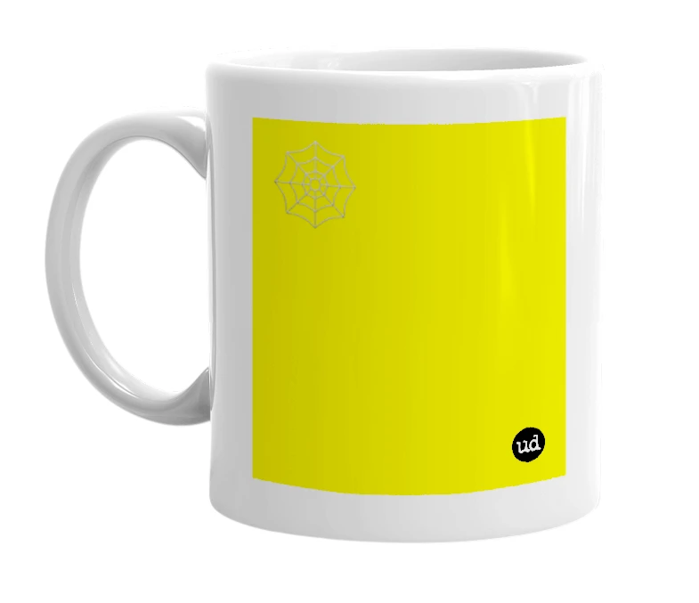 White mug with '🕸' in bold black letters