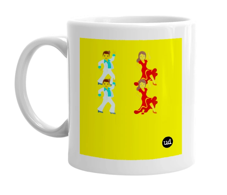 White mug with '🕺💃🕺💃' in bold black letters