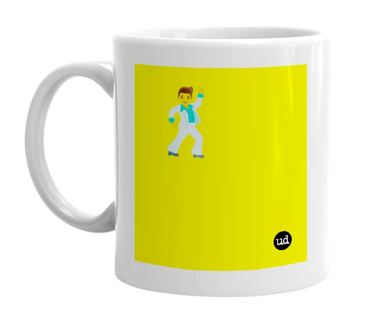 White mug with '🕺' in bold black letters