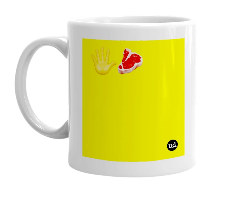 White mug with '🖐🥩' in bold black letters