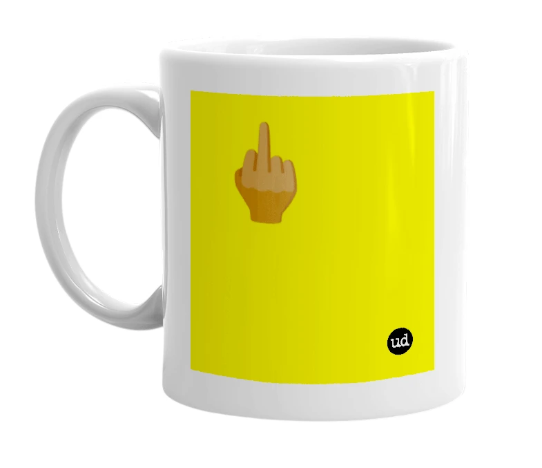 White mug with '🖕🏾' in bold black letters