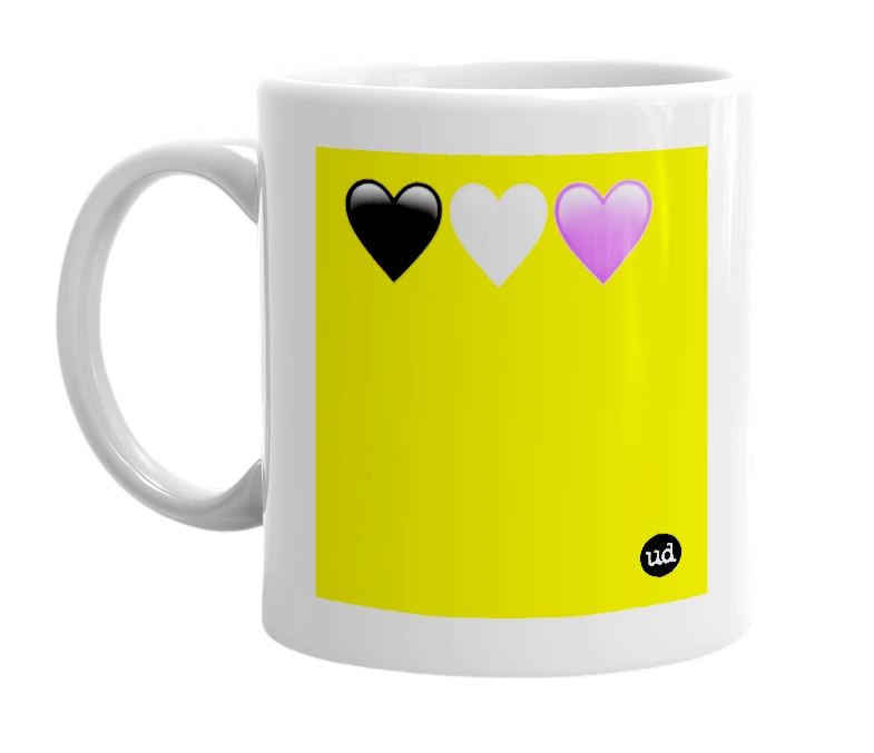 White mug with '🖤🤍💜' in bold black letters