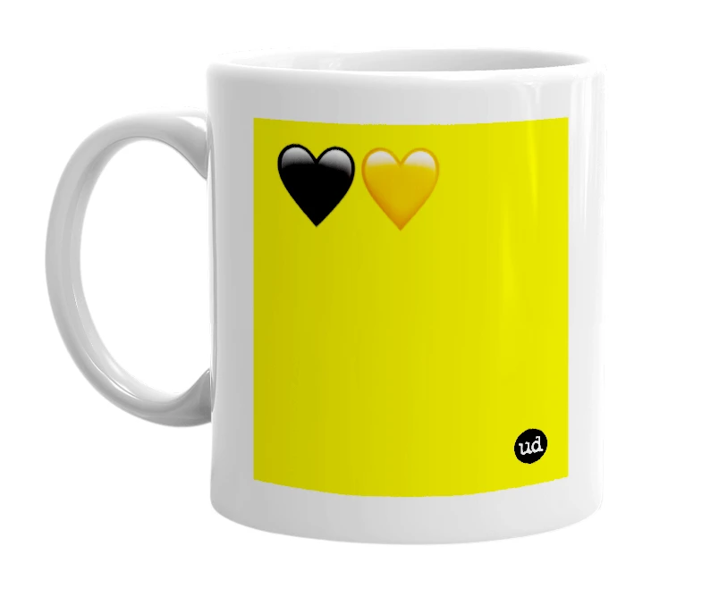 White mug with '🖤🧡' in bold black letters