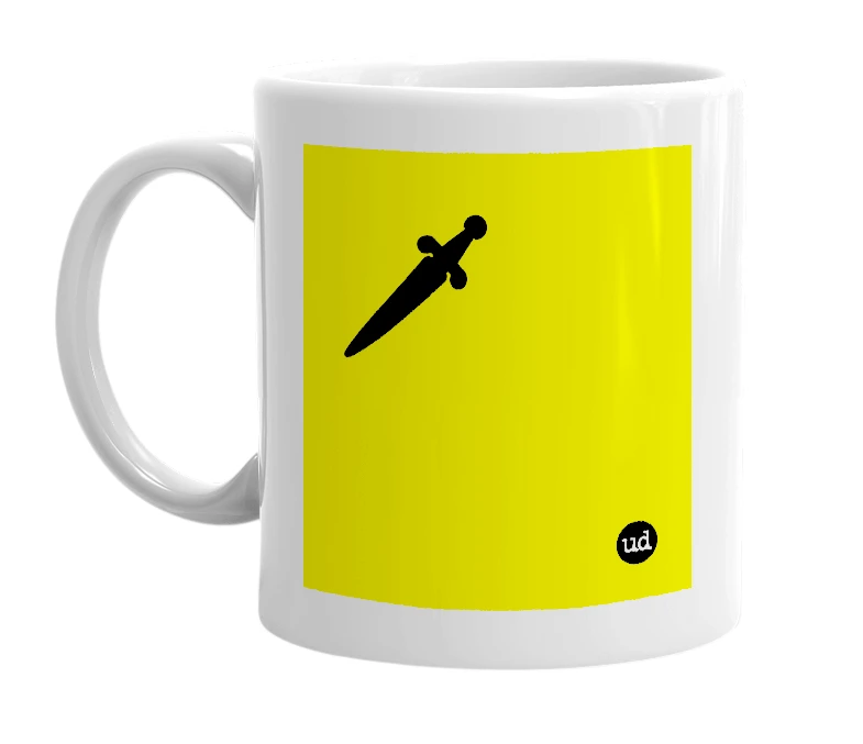 White mug with '🗡' in bold black letters