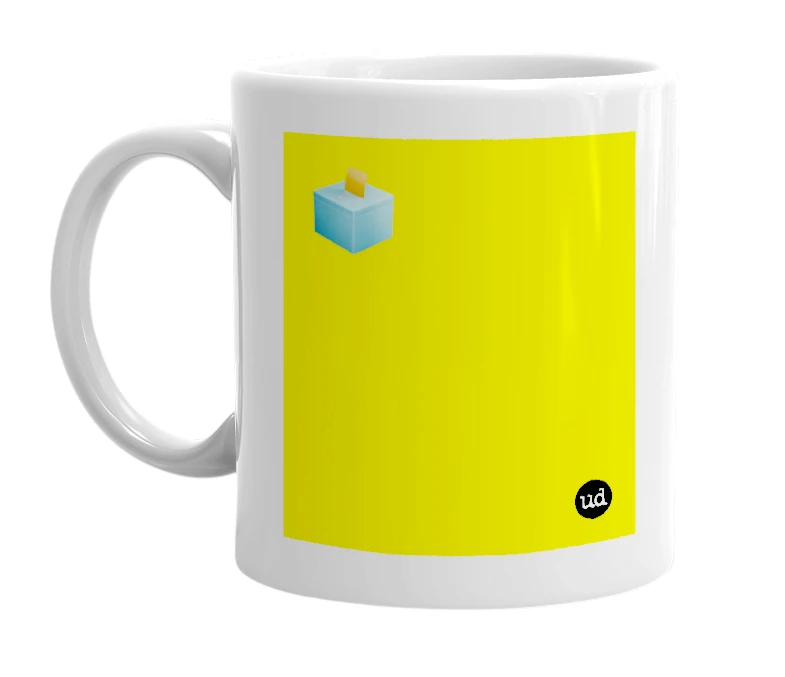White mug with '🗳️' in bold black letters